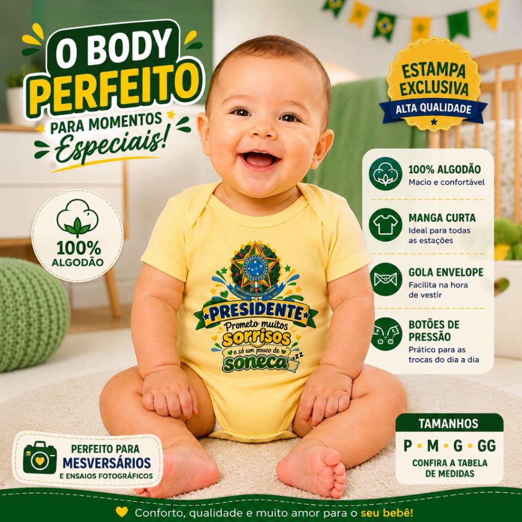 Body Bebê Presidente Eleições Brasil 100% Algodão Mesversário Ensaio Fotográfico Manga Curta Infantil