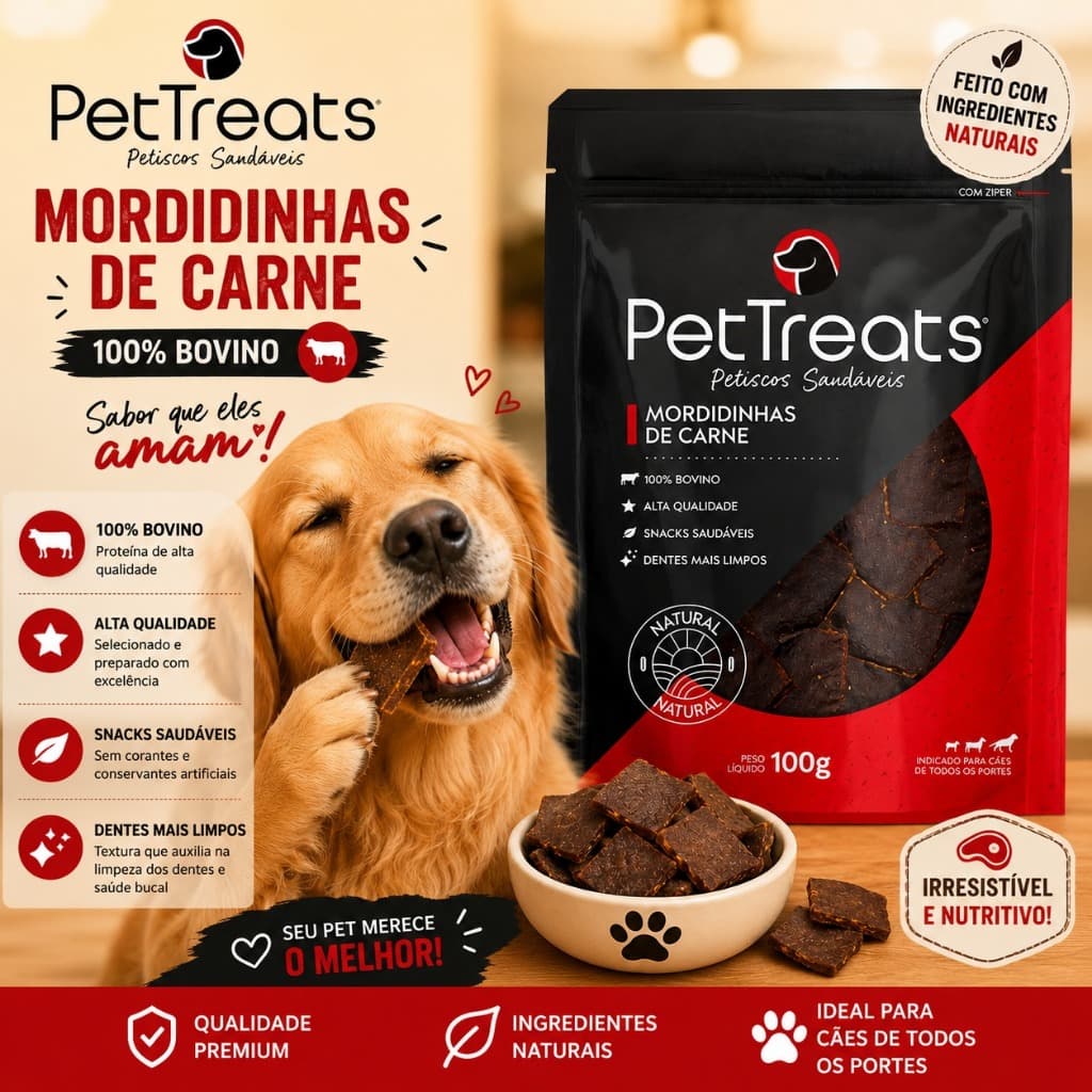 Petisco Natural Para Cães Mordidinhas de Carne 100g PetTreats
