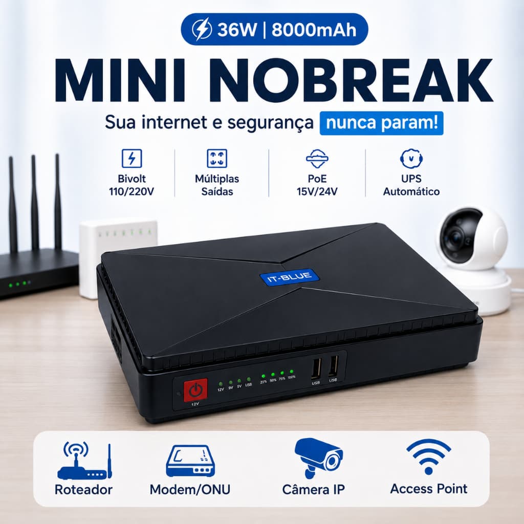 Mini Nobreak UPS 36W 8000mAh 5V 9V 12V PoE Para Roteador WiFi Modem ONU Câmera CFTV