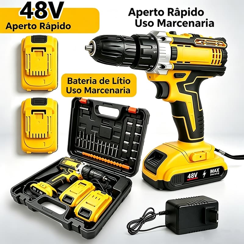 Furadeira Parafusadeira de Impacto sem Fio 48V com 2 Baterias, Multifuncional e Kit Completo de Acessórios