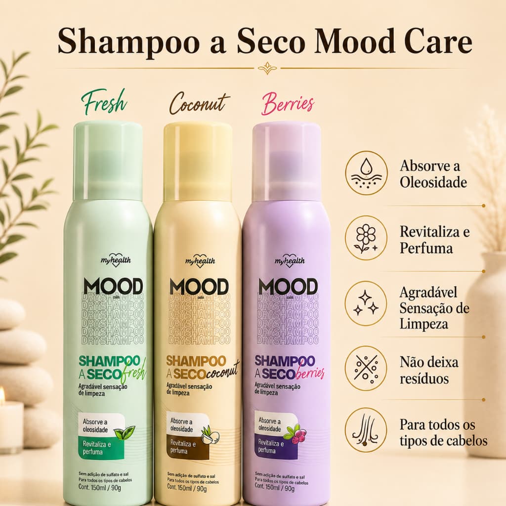 Shampoo a Seco Mood Care 150ml Absorve Oleosidade Revitaliza e Perfuma Fresh Coconut Berries My Health