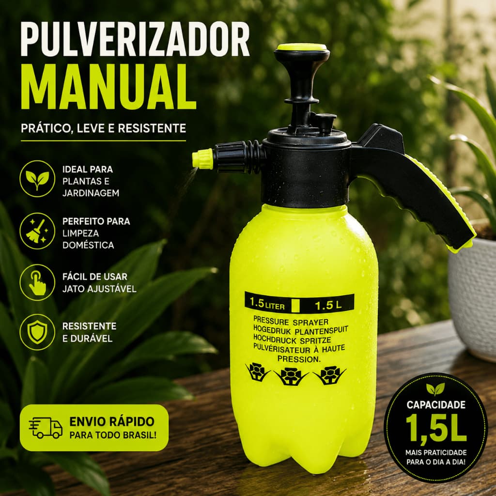 Pulverizador Manual de Pressão 1,5L com Bico Regulável para Plantas, Jardim, Limpeza e Uso Doméstico