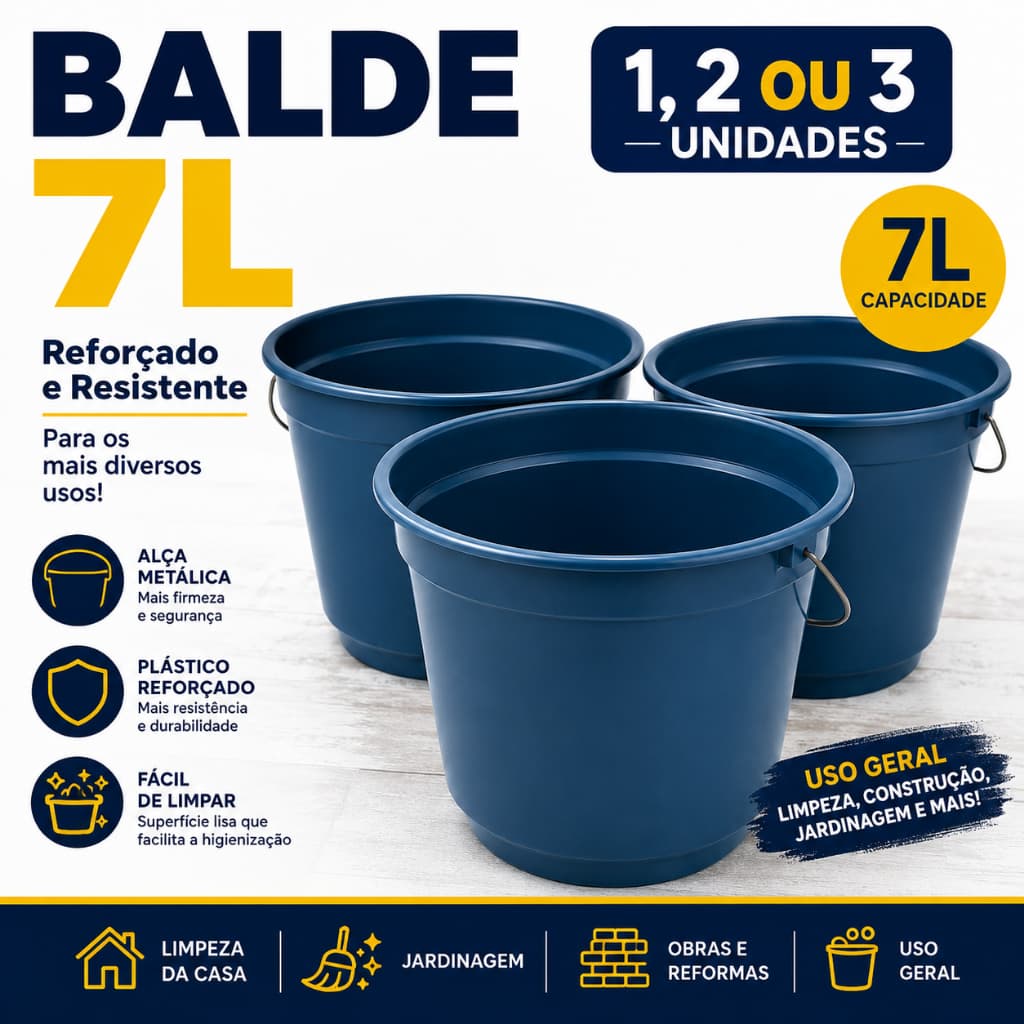 Kit 3 Baldes Plástico 7 Litros Reforçados Resistentes Multiuso Limpeza Construção