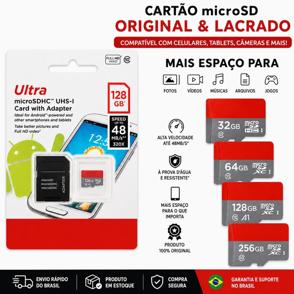 Cartão de Memória SanDisk Ultra microSD 32GB 64GB 128GB 256GB Classe 10 UHS-I com Adaptador para Celular Câmera Tablet