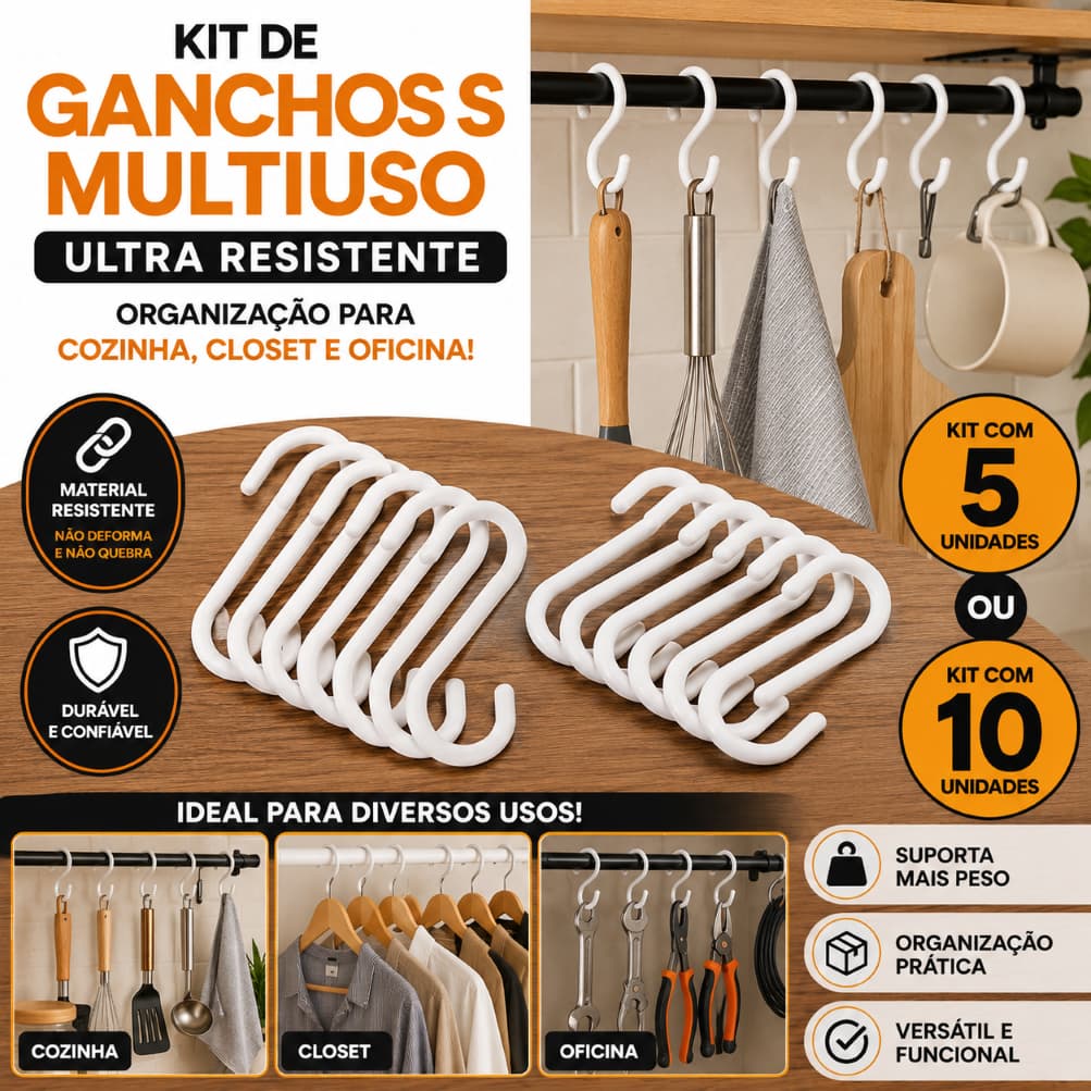 Kit de Ganchos S Multiuso Ultra Resistente - Organização Cozinha, Closet e Oficina