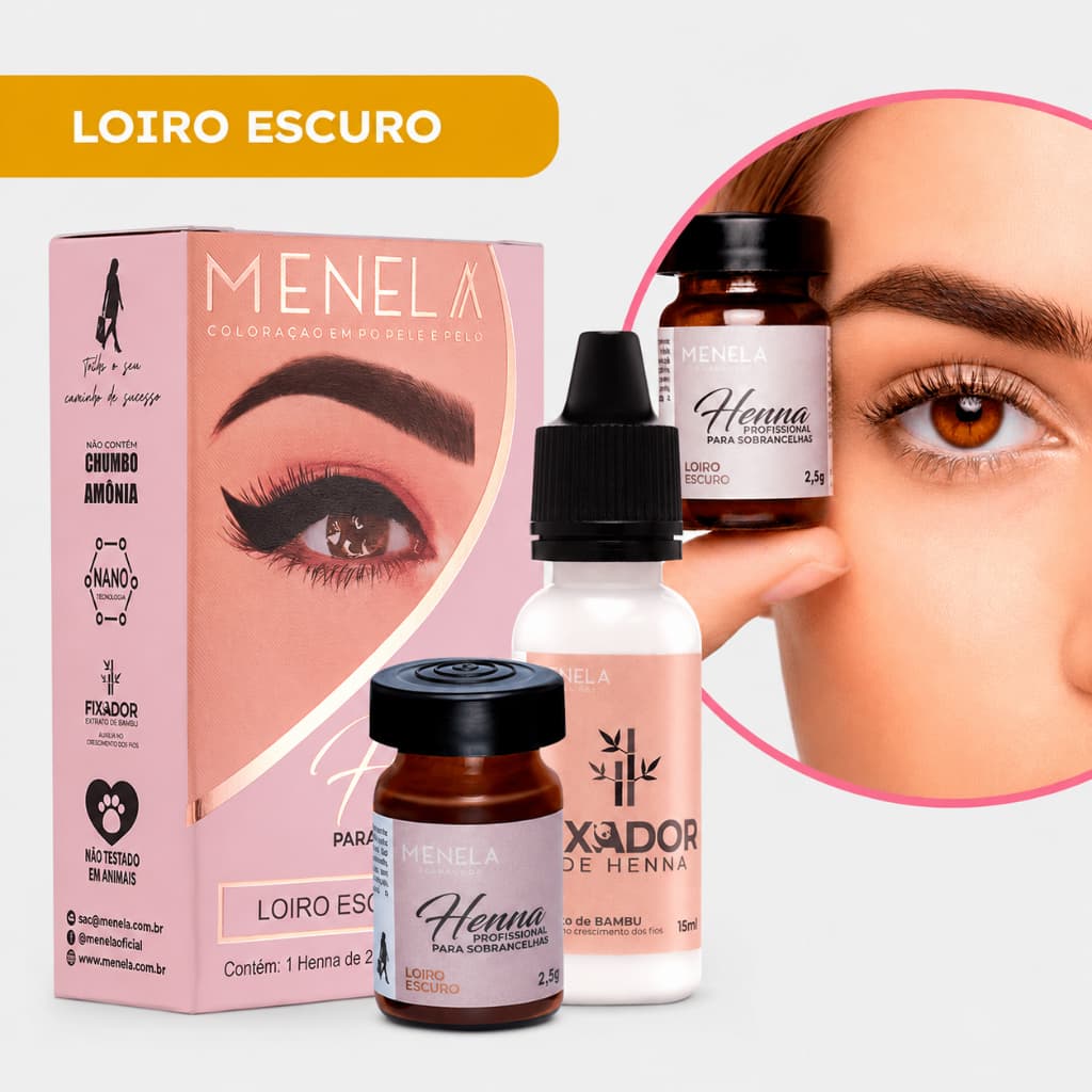 Kit Henna Sobrancelha Menela Loiro Escuro 2,5g Fixador