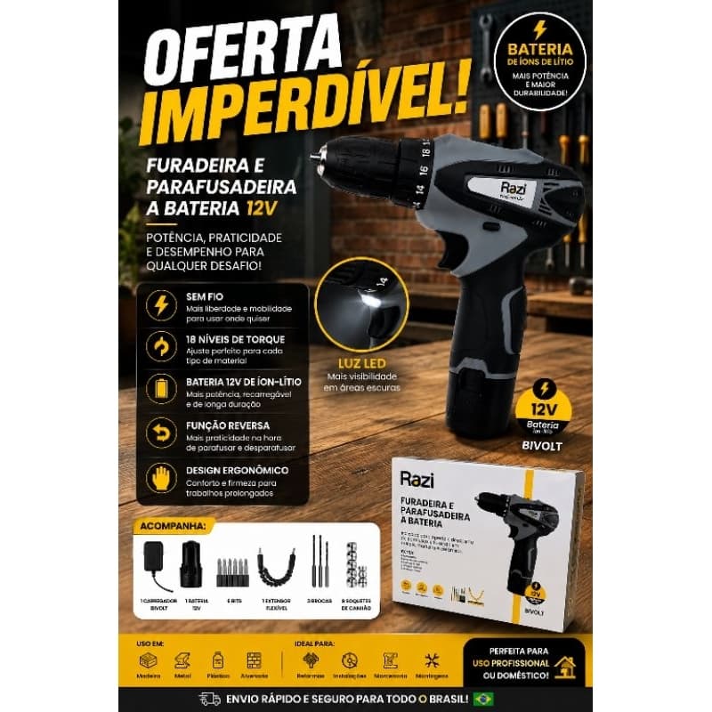 Furadeira e Parafusadeira bateria 12v Razi Bivolt Super Potente Com Acessórios