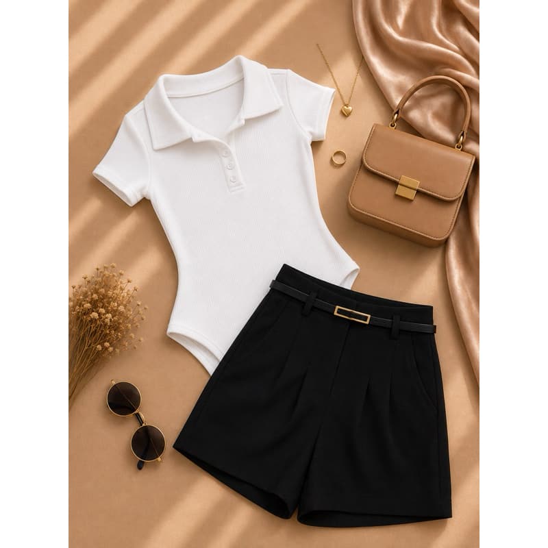 Conjunto Body Gola Polo + Short Alfaiataria Com Cinto Inspiração Moda Blogueira