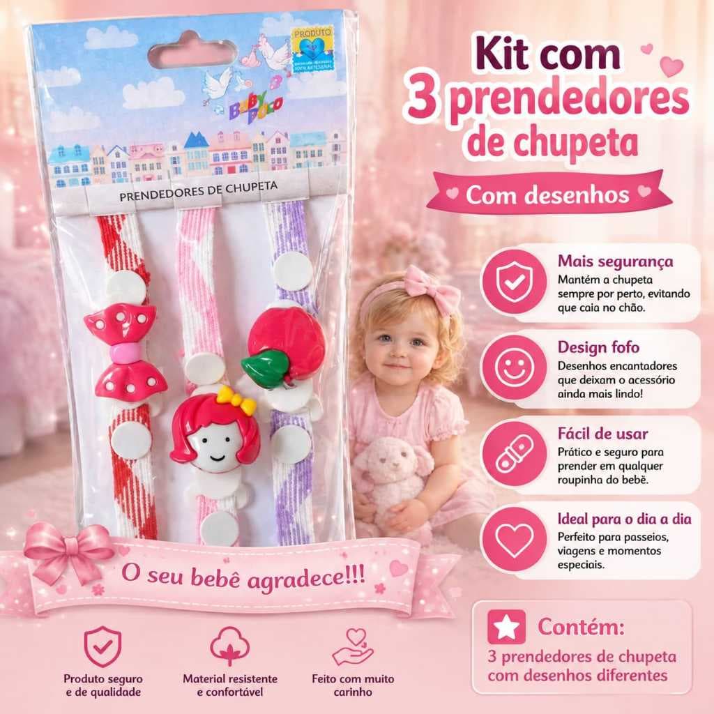 Prendedor De Chupeta Bebê 3 Unidades - Oferta
