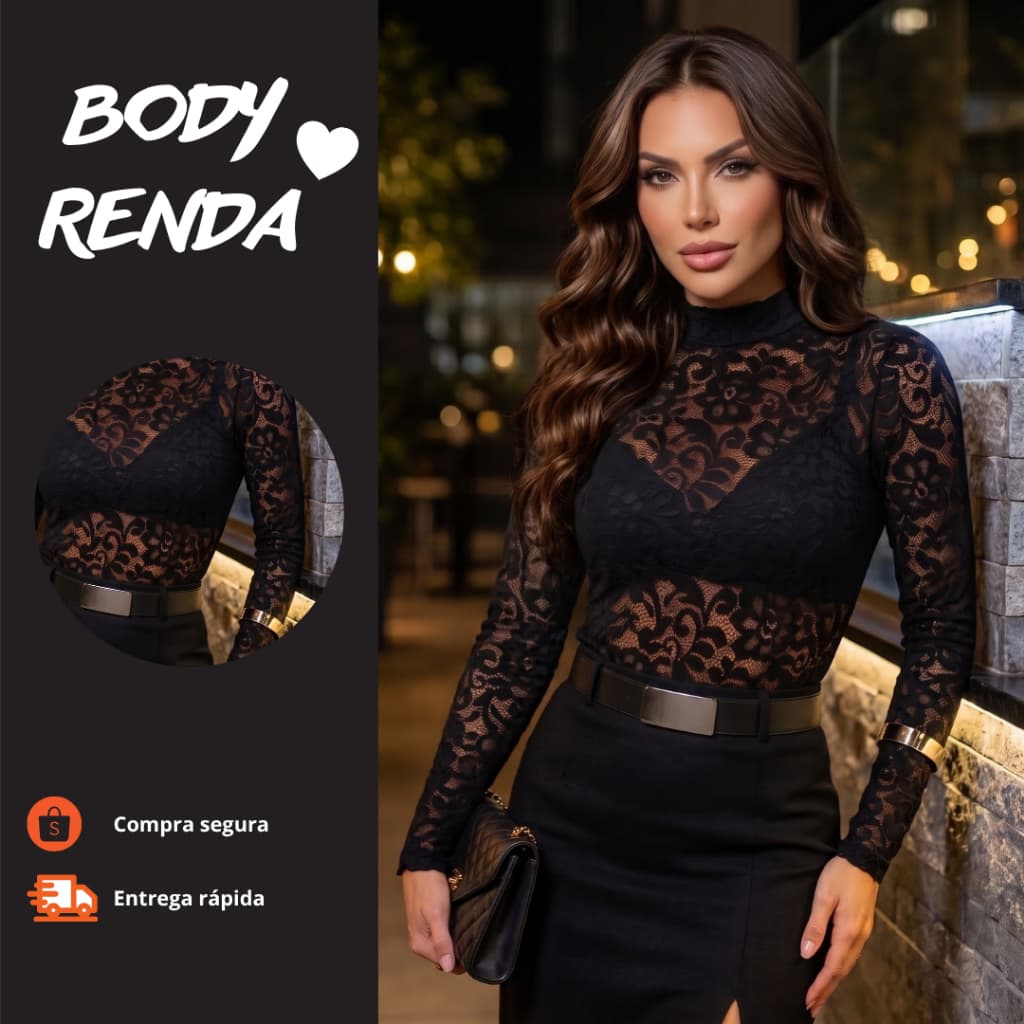 Body Feminino Lançamento - Renda Manga Longa Floral