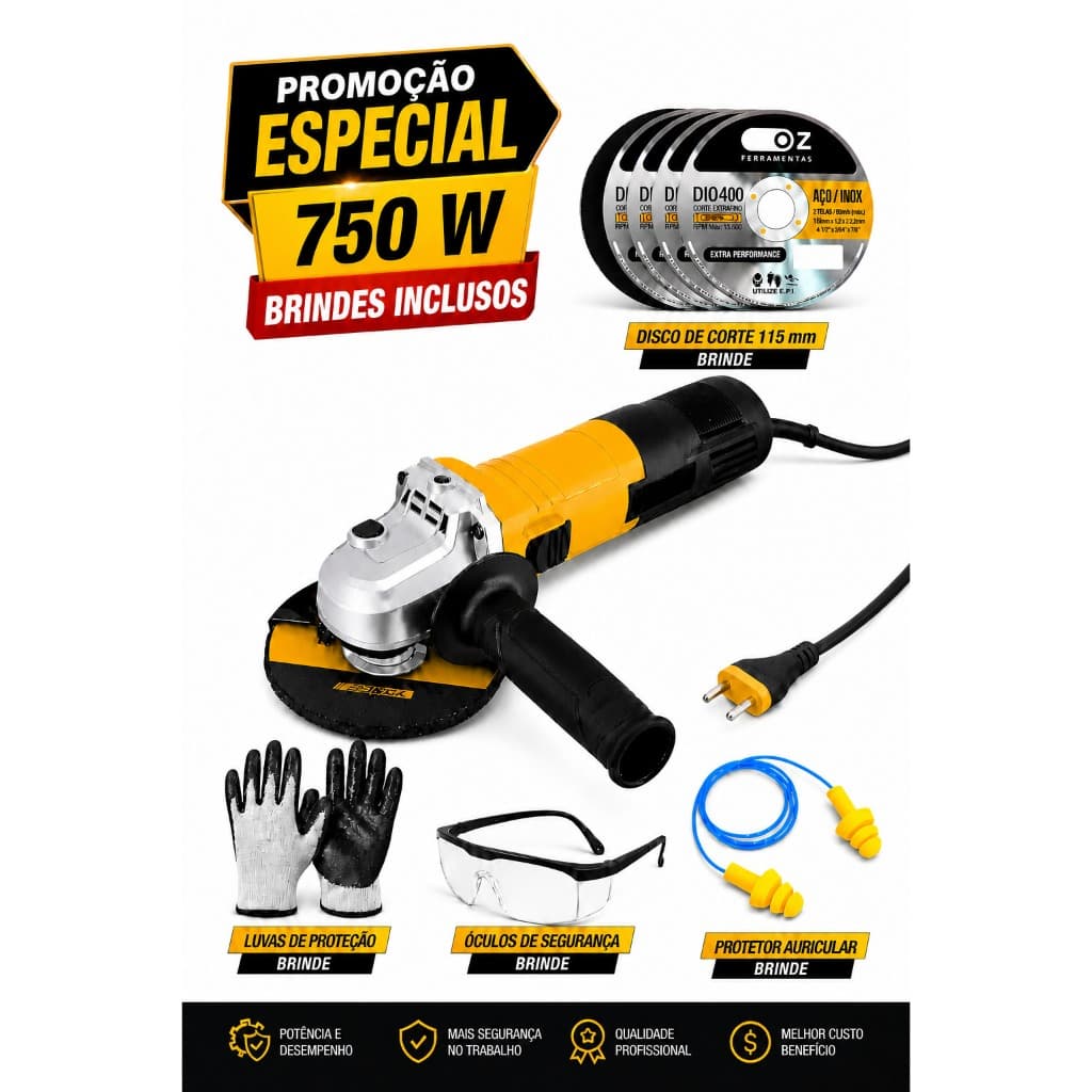 Esmerilhadeira Lixadeira Angular Profissional 750w 115mm Tipo Makita A - SONGHE TOOLS + KIT DE PROTEÇÃO