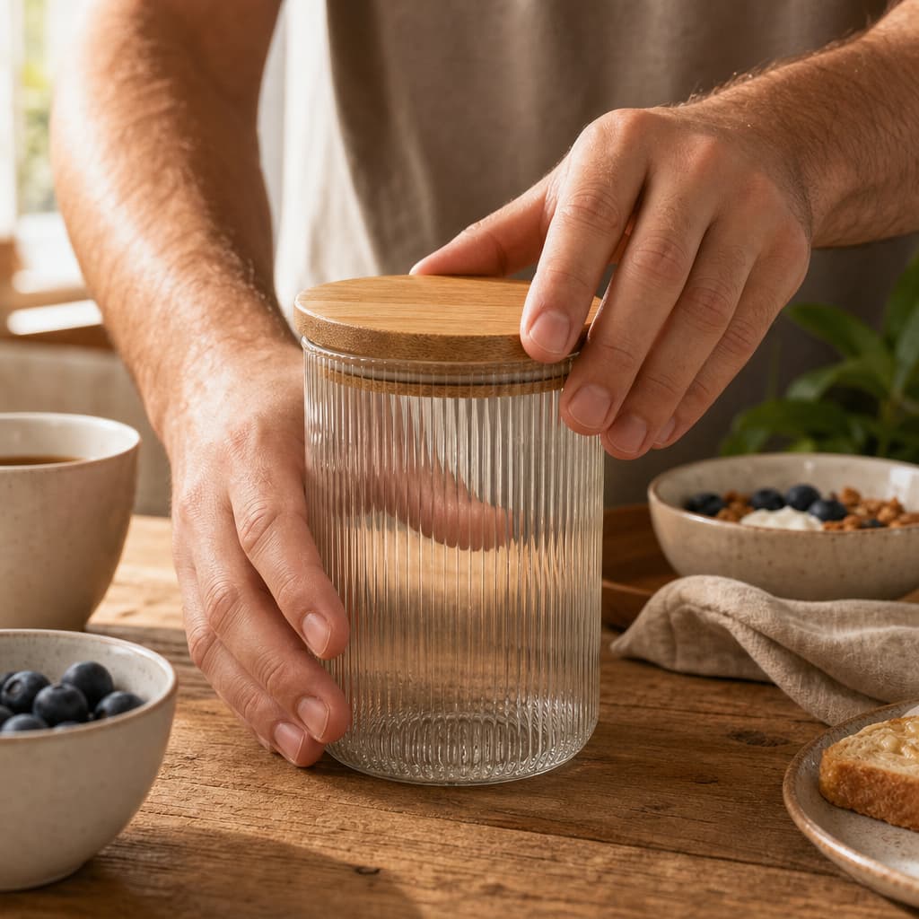Pote Vidro Borossilicato Listrado Tampa Bambu 700ml Hermético Luxo Organizador Cozinha Canelado Elegantes