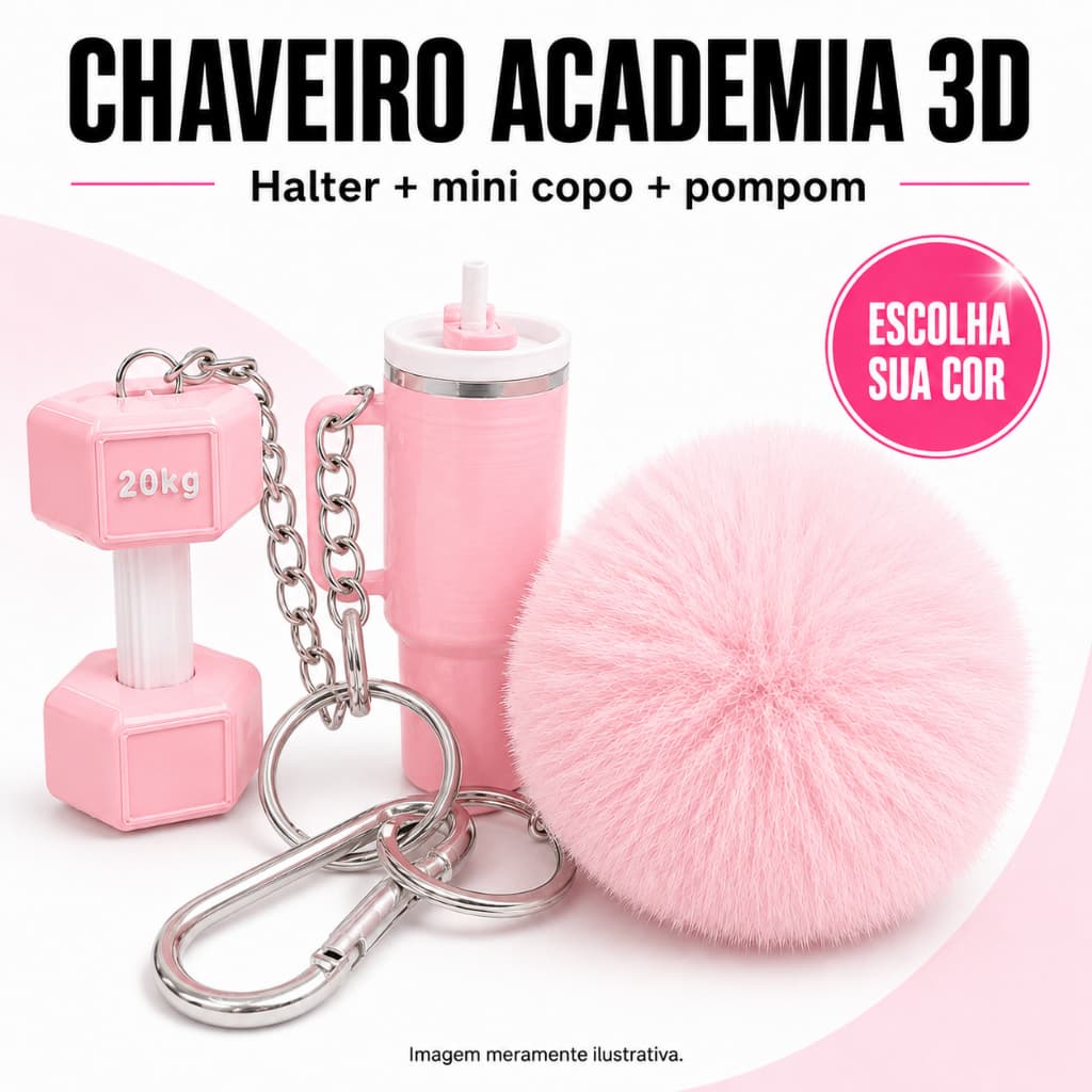 Chaveiro Fitness Academia 3D Mini Halter 20kg Mini Copo com Pompom Rosa Bebê Presente Criativo + Mimo Especial