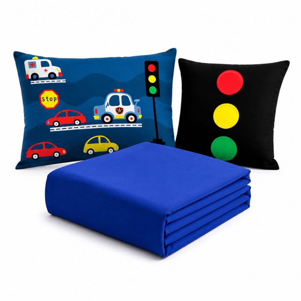 Jogo Lençol Solteiro 4 Peças Fronha Elastico Quarto Infantil Criança Menino Jogo Cama Carros Azul