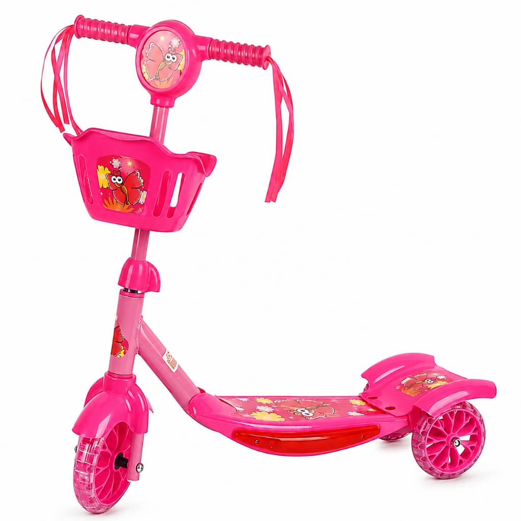 Patinete Infantil 3 Rodas Rosa com Luz LED e Som Guidão Ajustável Cesto Frontal Criança Menina