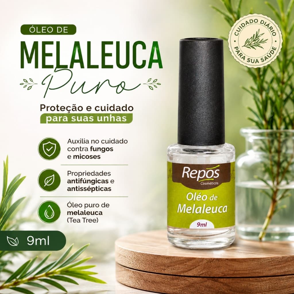 Óleo de Melaleuca Puro Repós 9ml Tea Tree Antifúngico Fungos Micose Unhas Pés Mãos Proteção Cuidado