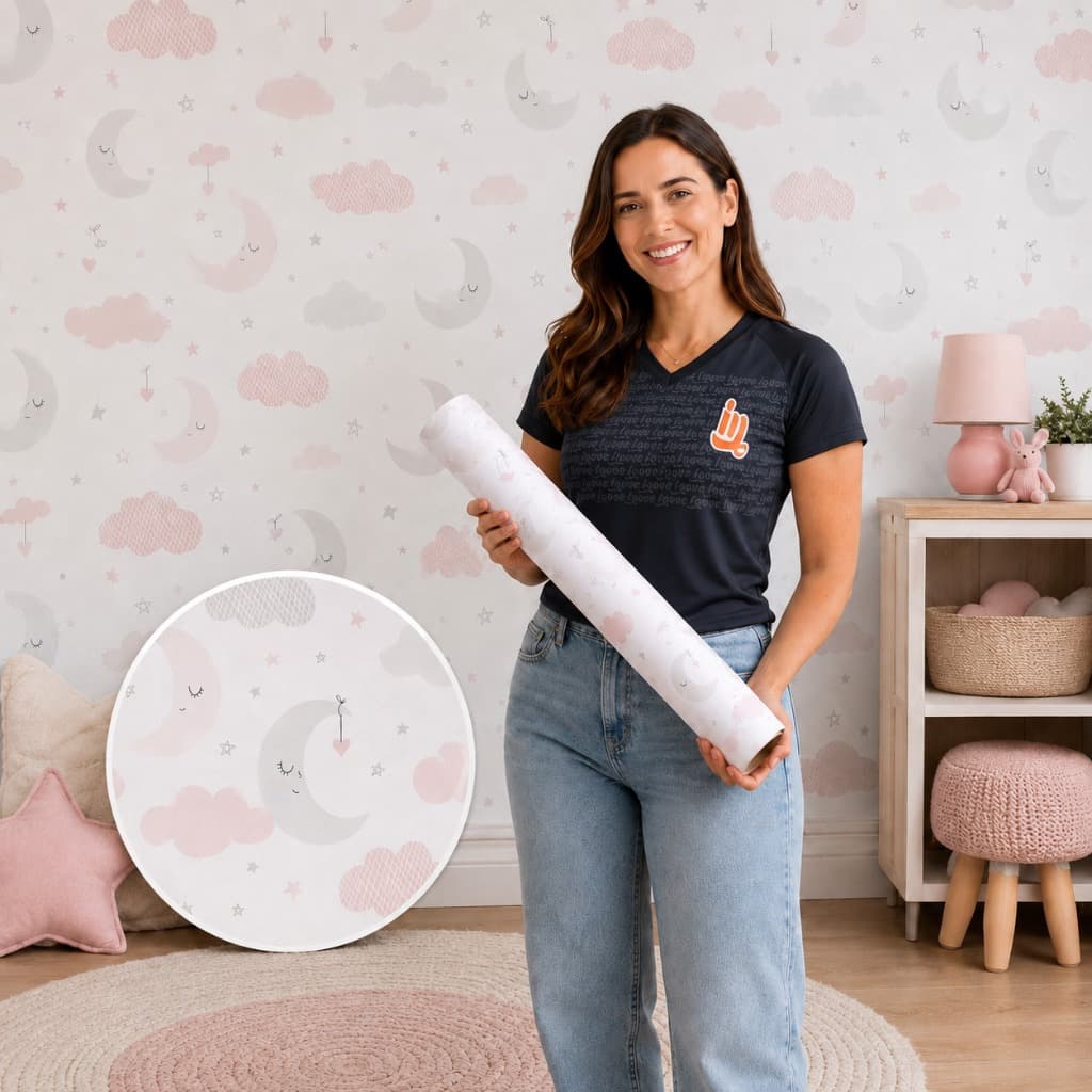 Papel de Parede Infantil Nuvens e Lua Autocolante para Quarto de Menina – Envio Imediato