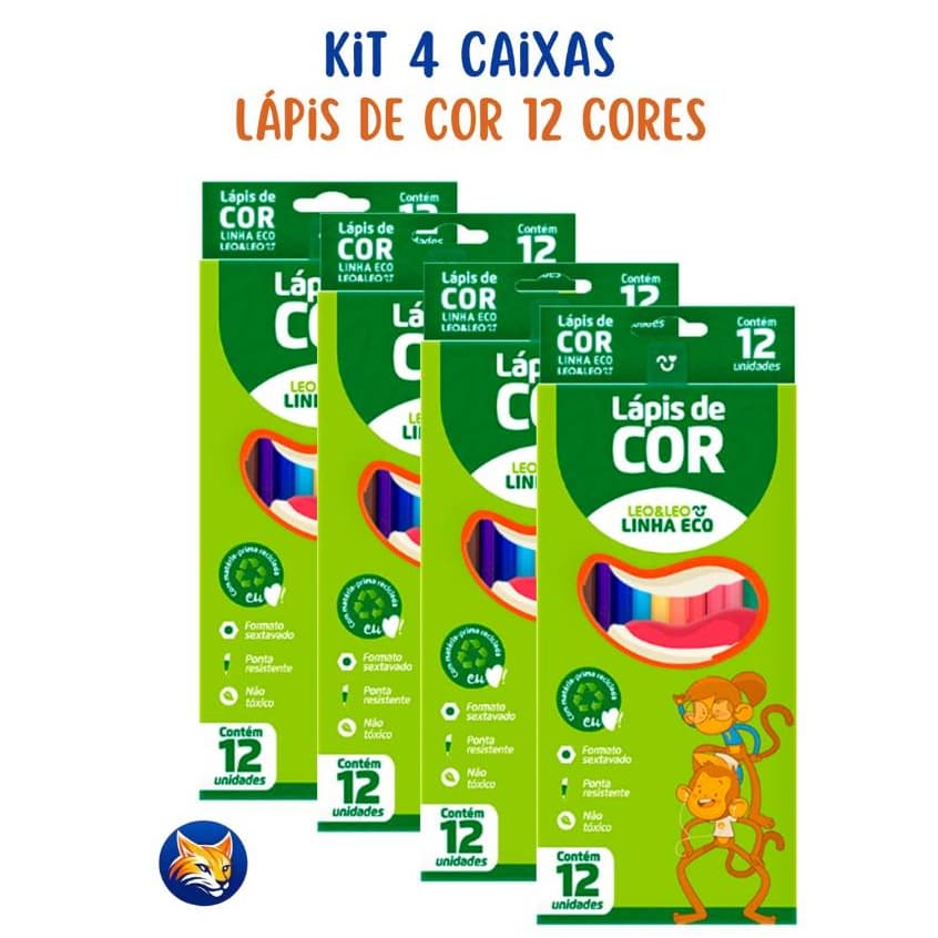 Kit 4 caixas De Lápis De Cor 12 Cores Eco Sextavado Flex Ecológico Kit Escolar Leo&Leo