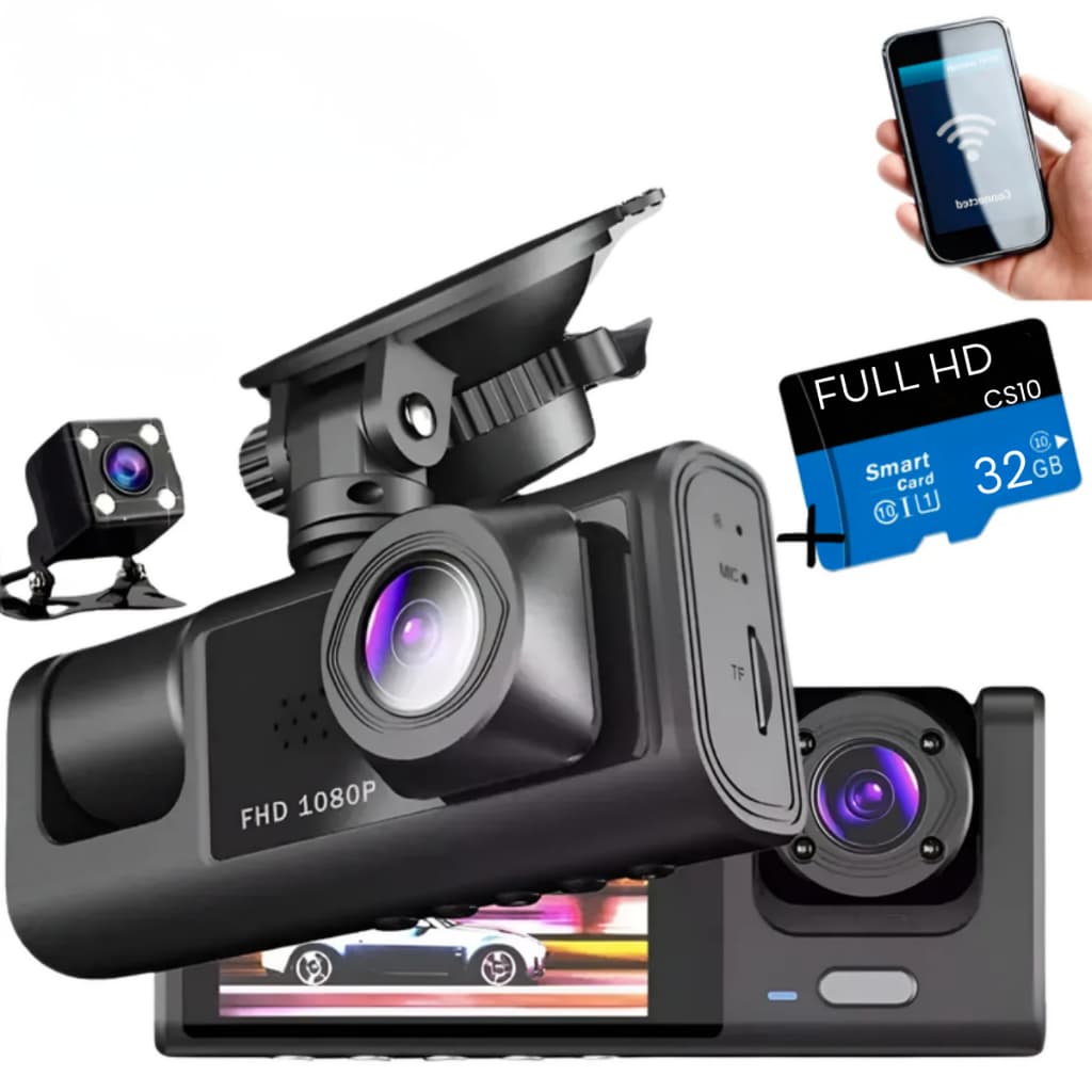 Câmera Dashcam Veicular Segurança Automotiva visão Noturna Wifi Aplicativo Celular interna externa + Cartão Memoria 32G