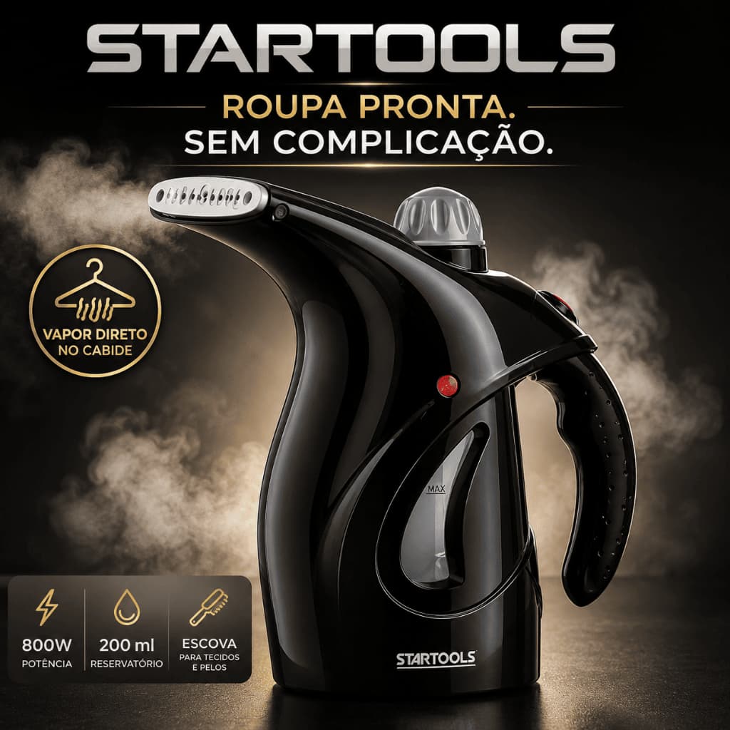 Passadeira a Vapor Portátil Startools 800W 127V Desamassa Roupa no Cabide com Escova 200ml Preta