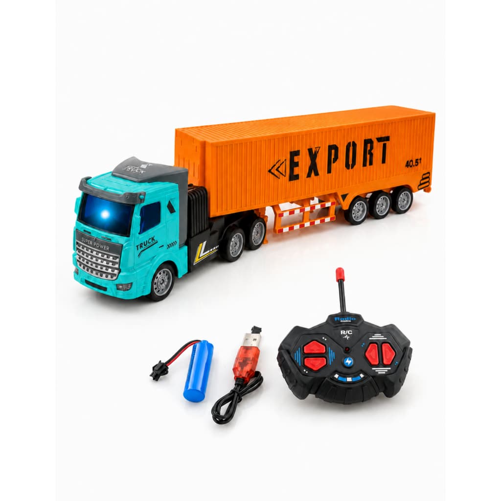 Caminhão carrinho de Controle Remoto Container Export com Luz LED na Cabine Bateria Recarregável e Controle Pilha
