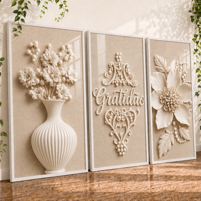 Quadros Decorativos Flor Branca Vaso Escultura Moderno Paz Tranquilidade Sala
