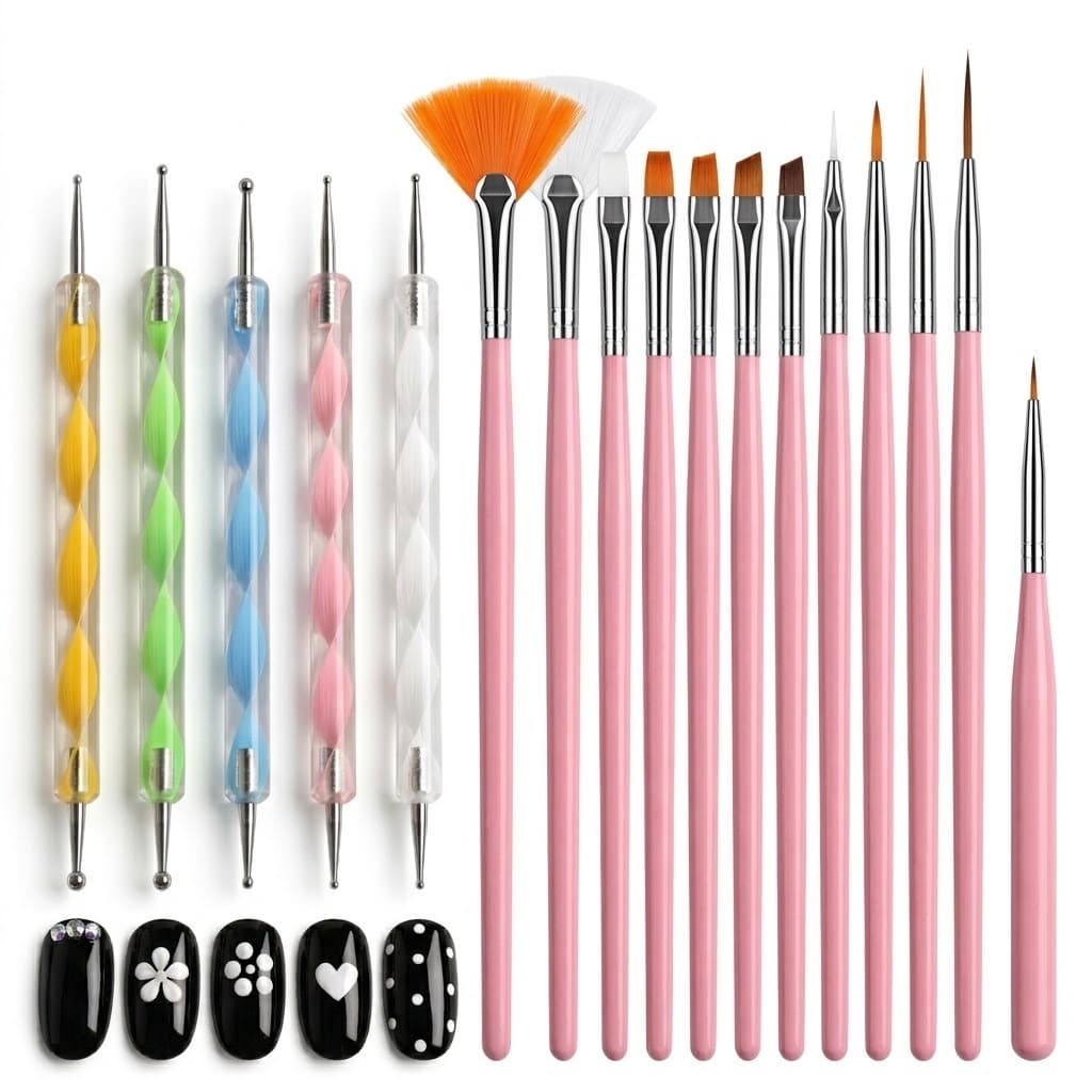Kit 15 Pincéis + 10 Boleadores Em 5 Pincéis Manicure Desenho