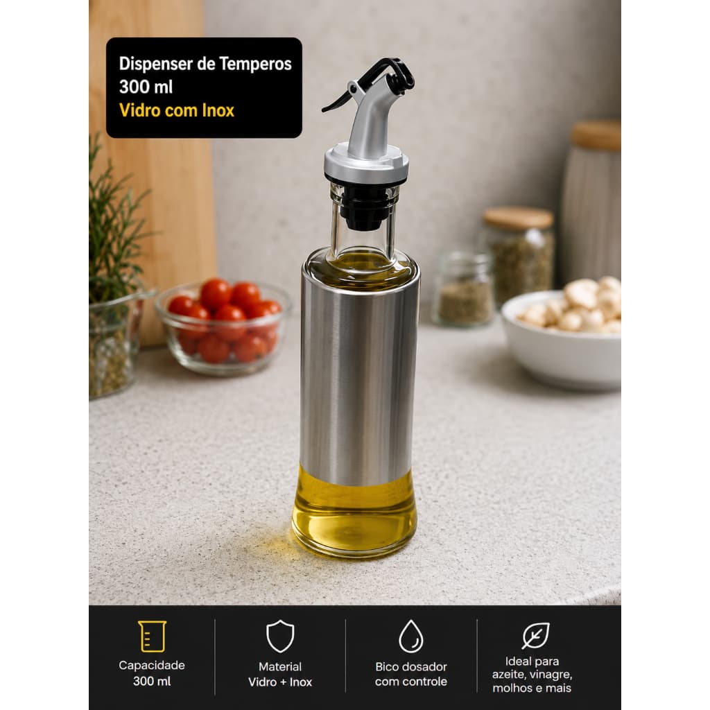 Dispenser Azeite Vinagre 300ml Vidro Tampa Inox Dosador Cozinha Utensílio