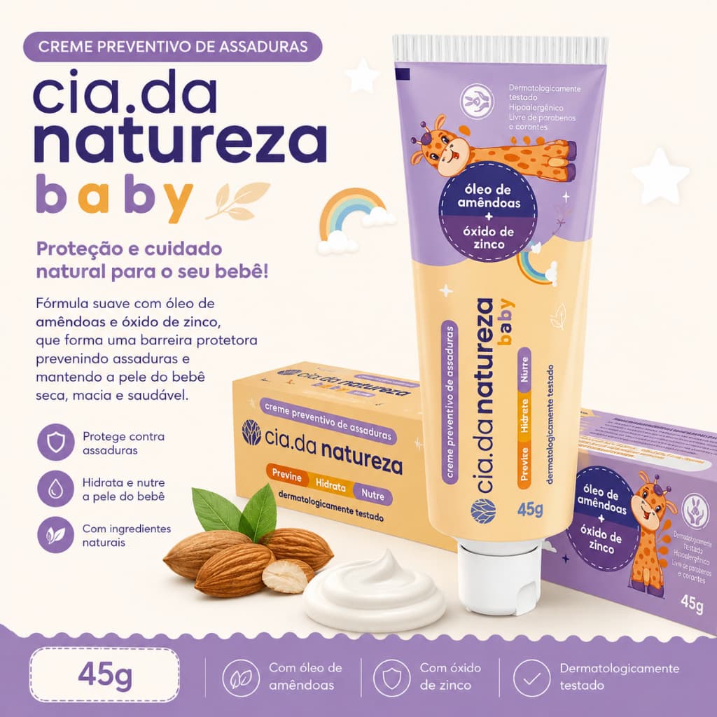 Creme Preventivo de Assaduras Cia. da Natureza Baby 45g – Óleo de Amêndoas + Óxido de Zinco