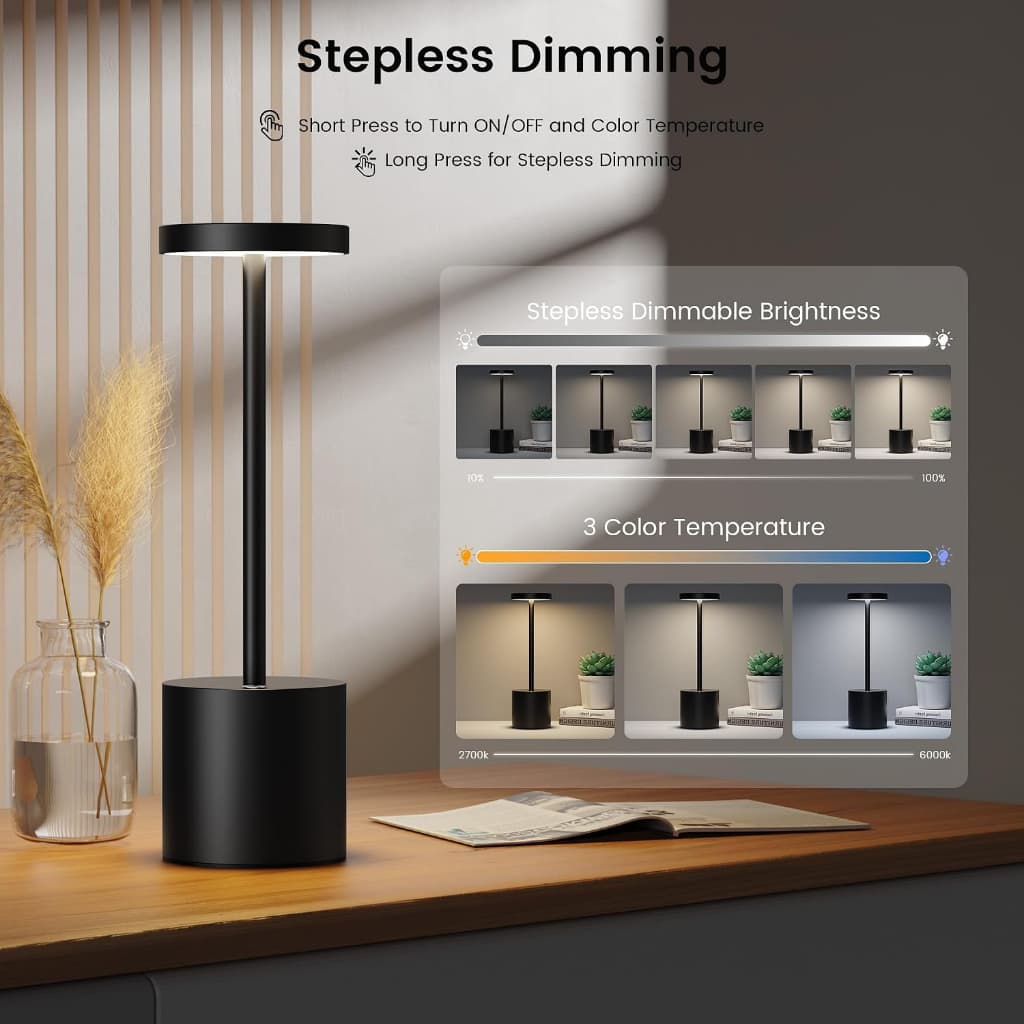 Luminária de Mesa LED 3 Tons Recarregável Luxuosa Abajur Cabeceira Escrivaninha Quarto Candeeiro