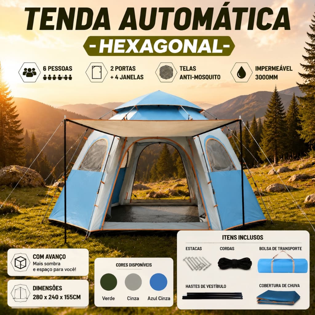 Barraca Camping Automática 6-8 Pessoas Grande Familiar Hexagonal 280x240cm Impermeável 3000mm com Toldo e Mosquiteiro B3