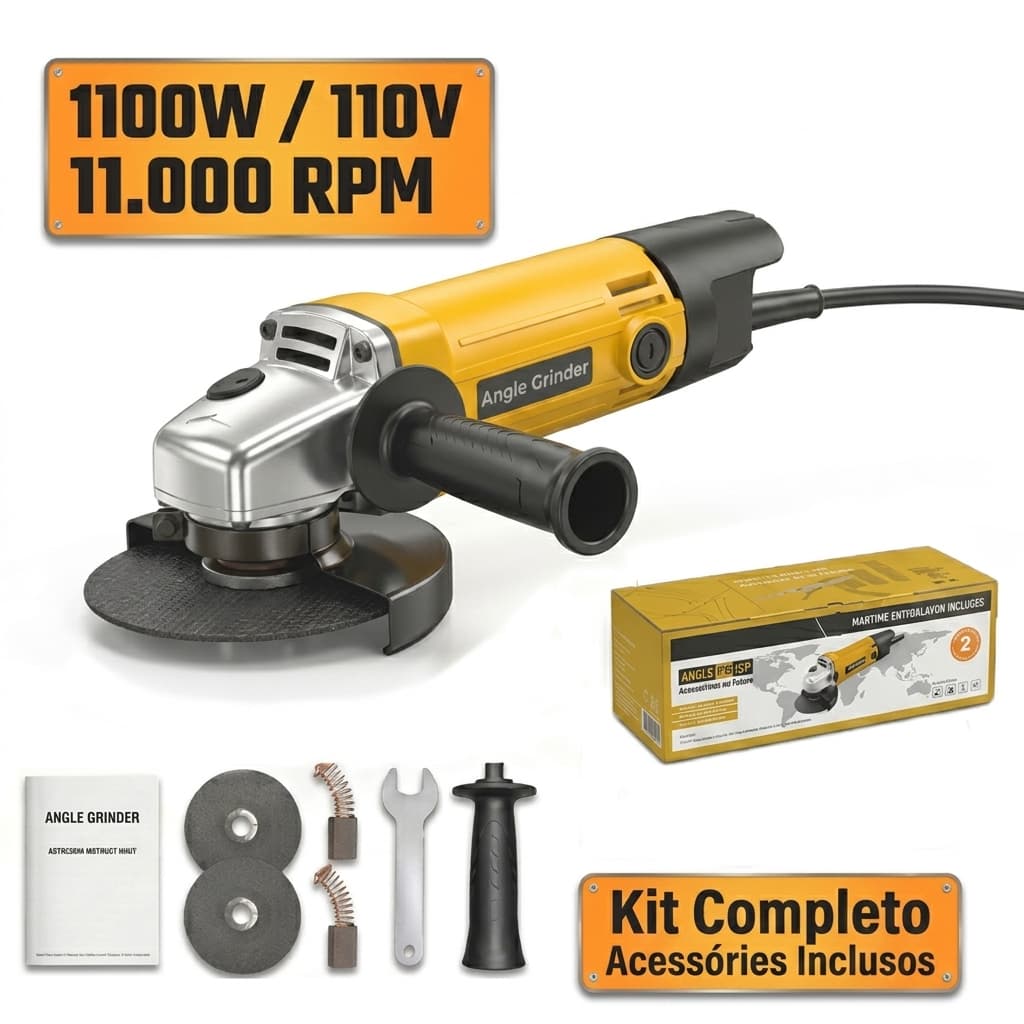 Esmerilhadeira Angular Lixadeira Elétrica 1100W 110V Kit Completo com 3 Discos de Corte e Acessórios