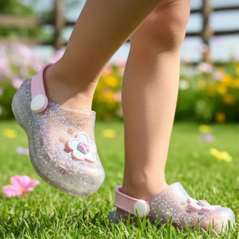 Babuche infantil menina flor coração cristal transparente antiderrapante Juju shoes