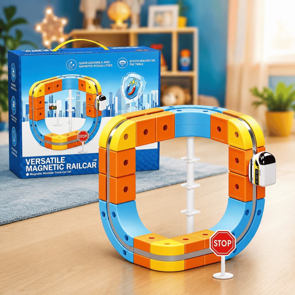 Trem Magnético Pista Versátil 66 Peças com Trilhos 3D Flexíveis – Circuito Educativo Recarregável USB