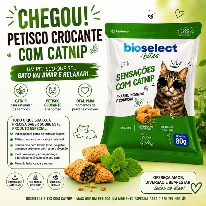 PETISCO MIAUK SNACK BIOSELECT BITES CATNIP GATOS - CAIXA 12 PACOTES DE 80g - PETISCO COM ERVA DE GATO