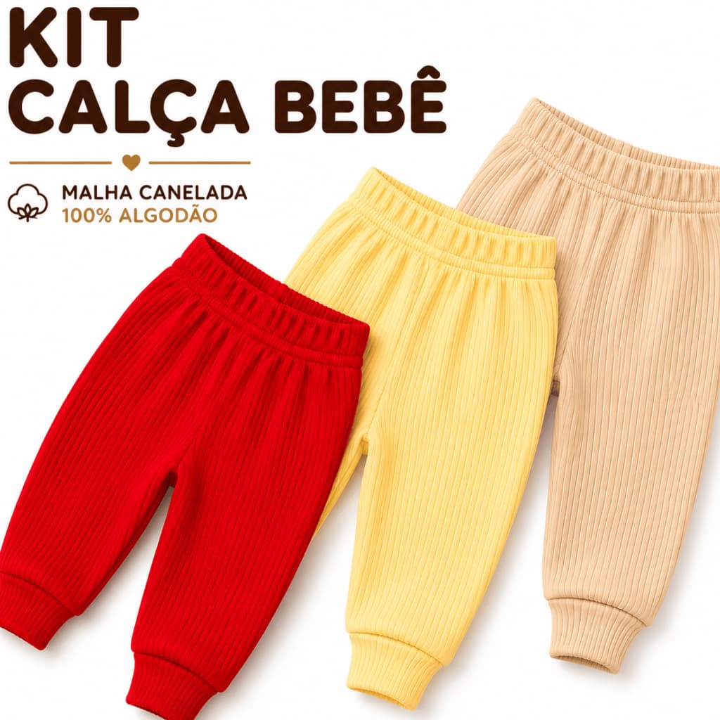 Kit 3 Calça Culote Bebê Mijão 100% Algodão Canelado Com Punho Sem Pé Recém Nascido Cores Lisas Neutras Enxoval Unissex