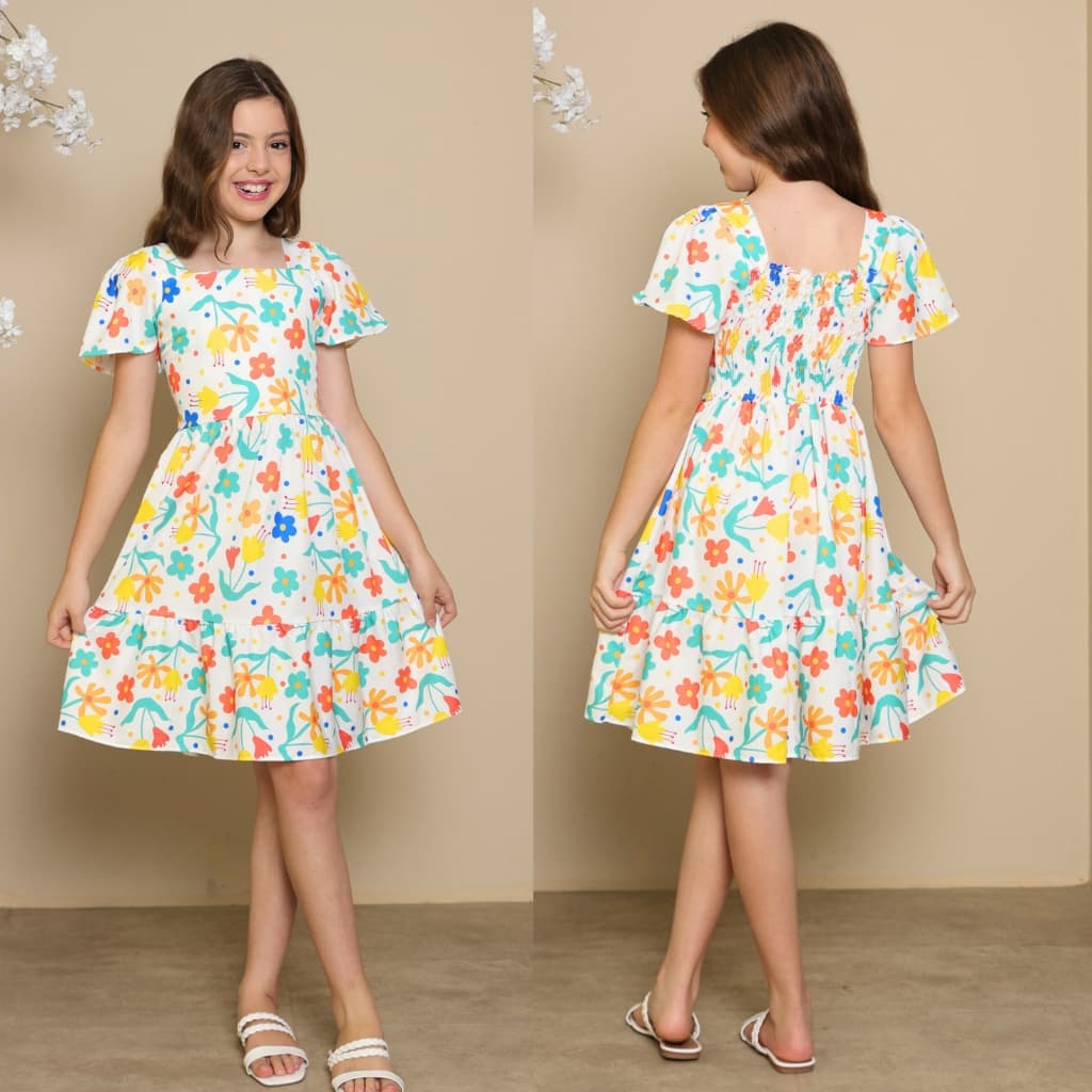 Vestido Infantil Juvenil Menina Curto Estampado Crepinho Manga Curta Babado Verao