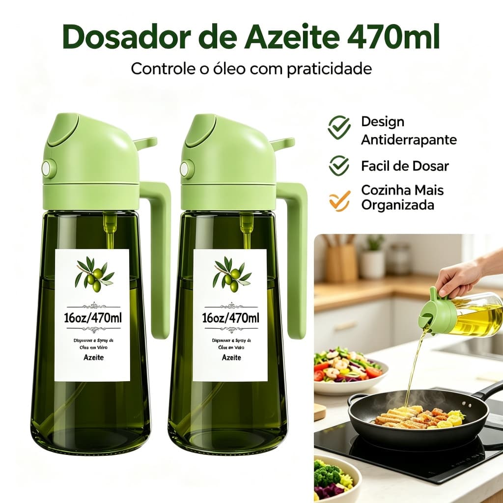 Dispenser de Azeite 2 em 1 - Borrifador e Dosador 470ml, Garrafa de Vidro Borossilicato, Spray Fino para Saladas e Frita
