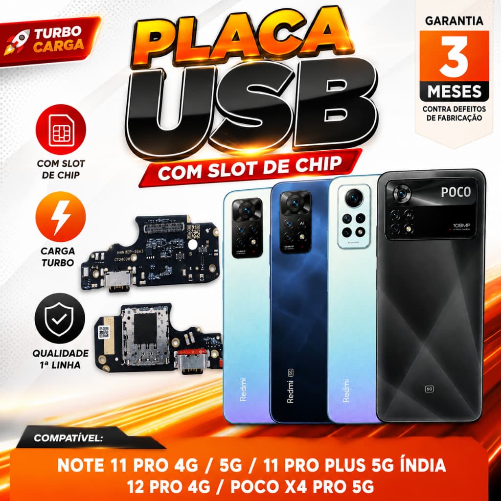 Slot Placa USB Redmi Note 11 Pro+/Plus 5G Índia/Pro 4G/5G/12 Pro 4G/POCO X4 Pro 5G Conector 1ª Linha
