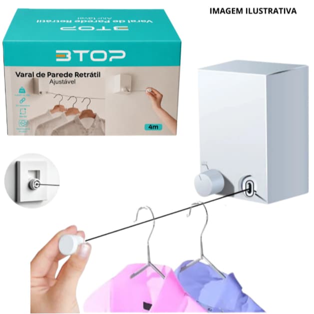 Varal Retrátil Automático Modular de Parede Até 6kg  Corda 4 Metros Suporte BP-22123
