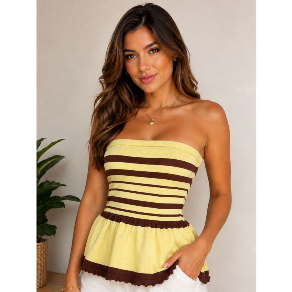 Blusa Feminina Peplum Tricô Modal Fresh Line Tomara que Caia Listrada Cropped Verão