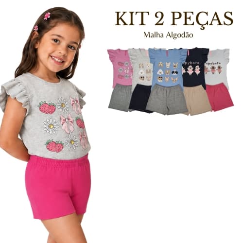 Kit 2 peças Infantil Camiseta Estampada Meia Malha + Shorts Confortáveis e Cheios de Estilo  Meninas