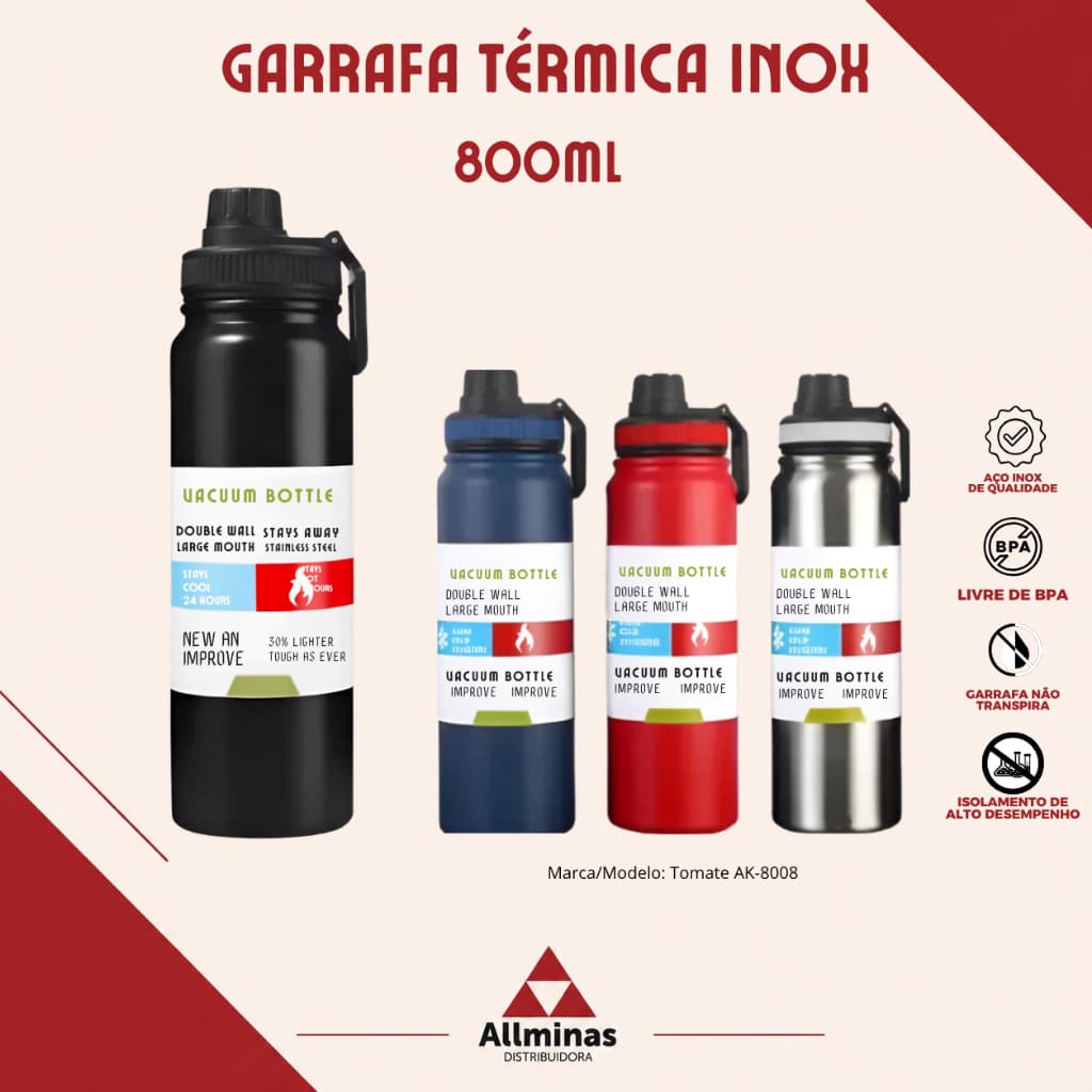 Garrafa Térmica Squeeze 800ml Inox Sistema Anti Vazamento Multiuso Água Café Esporte Camping Trilha Escolar