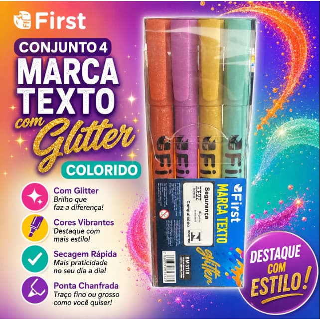 Kit Marcadores Fluorescentes Brilhosos Conjunto 4 Unidades Multi Cores Alta Durabilidade