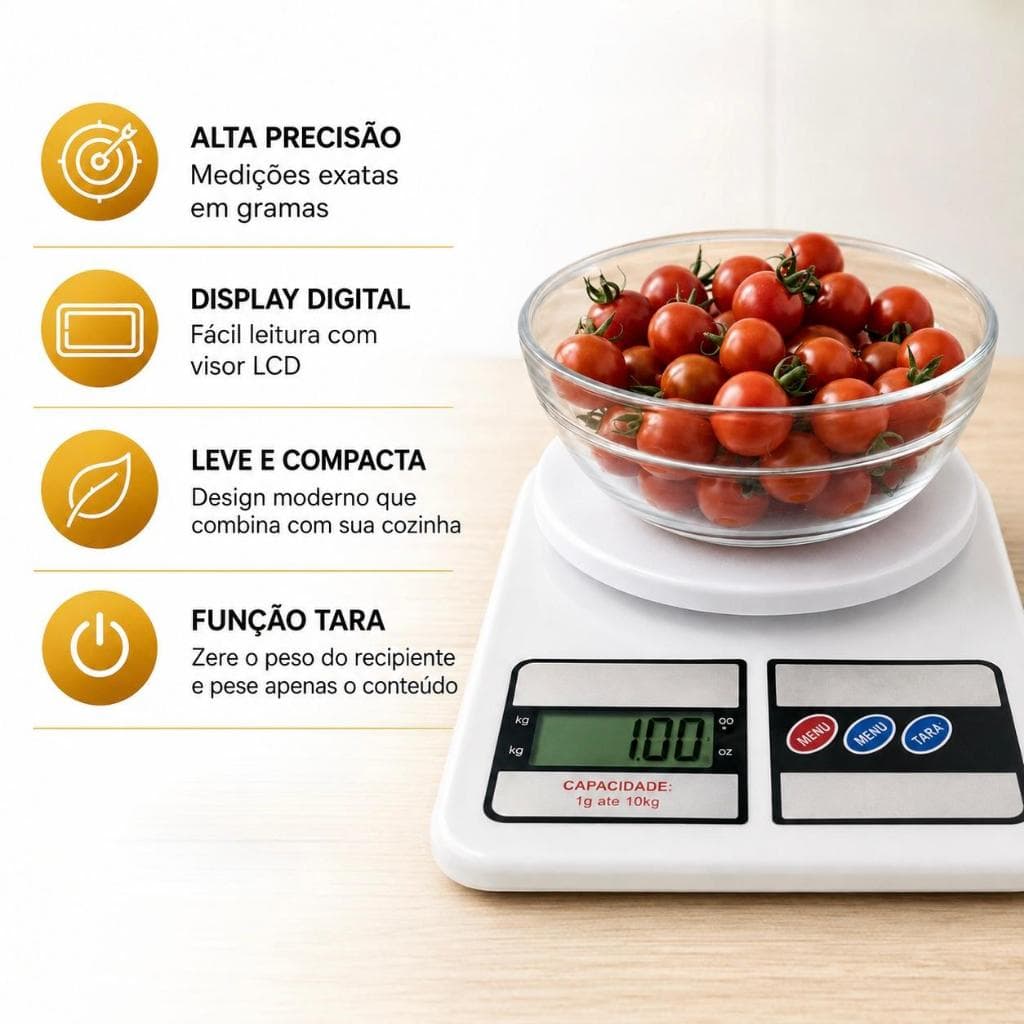Balança Digital com Alta Precisão 10kg Cozinha Nutrição Dietas Confeitaria Peso Alimentos Saudável