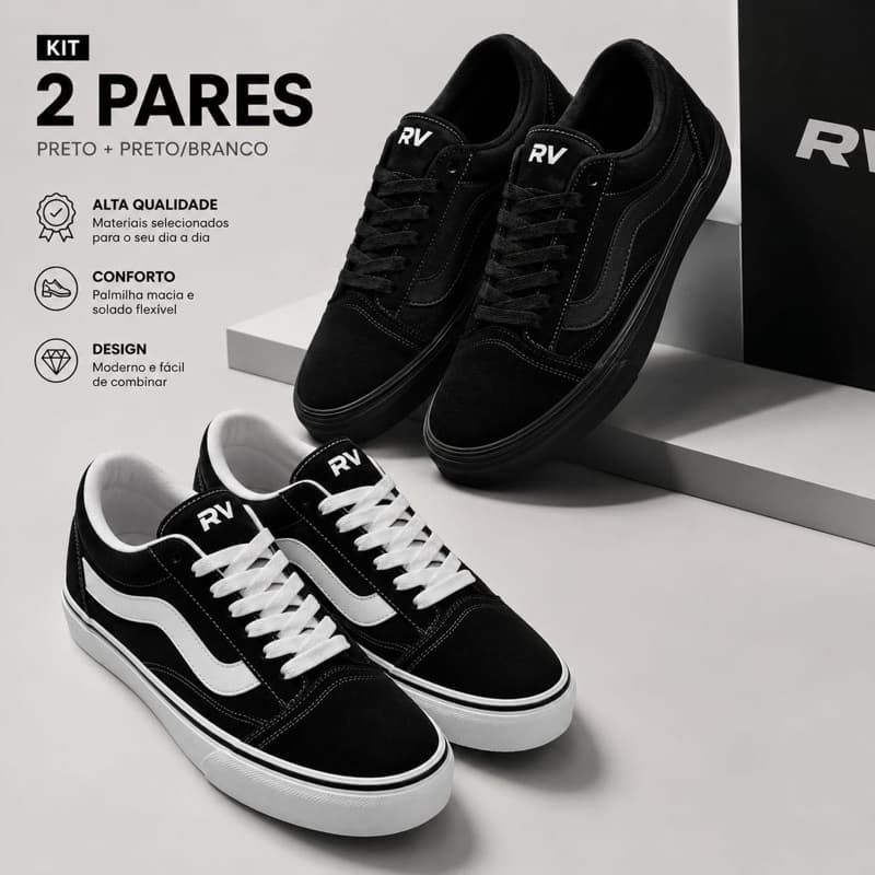 Kit 2 Pares de Tênis Casual Masculino e Feminino Leve e Confortável para Dia a Dia
