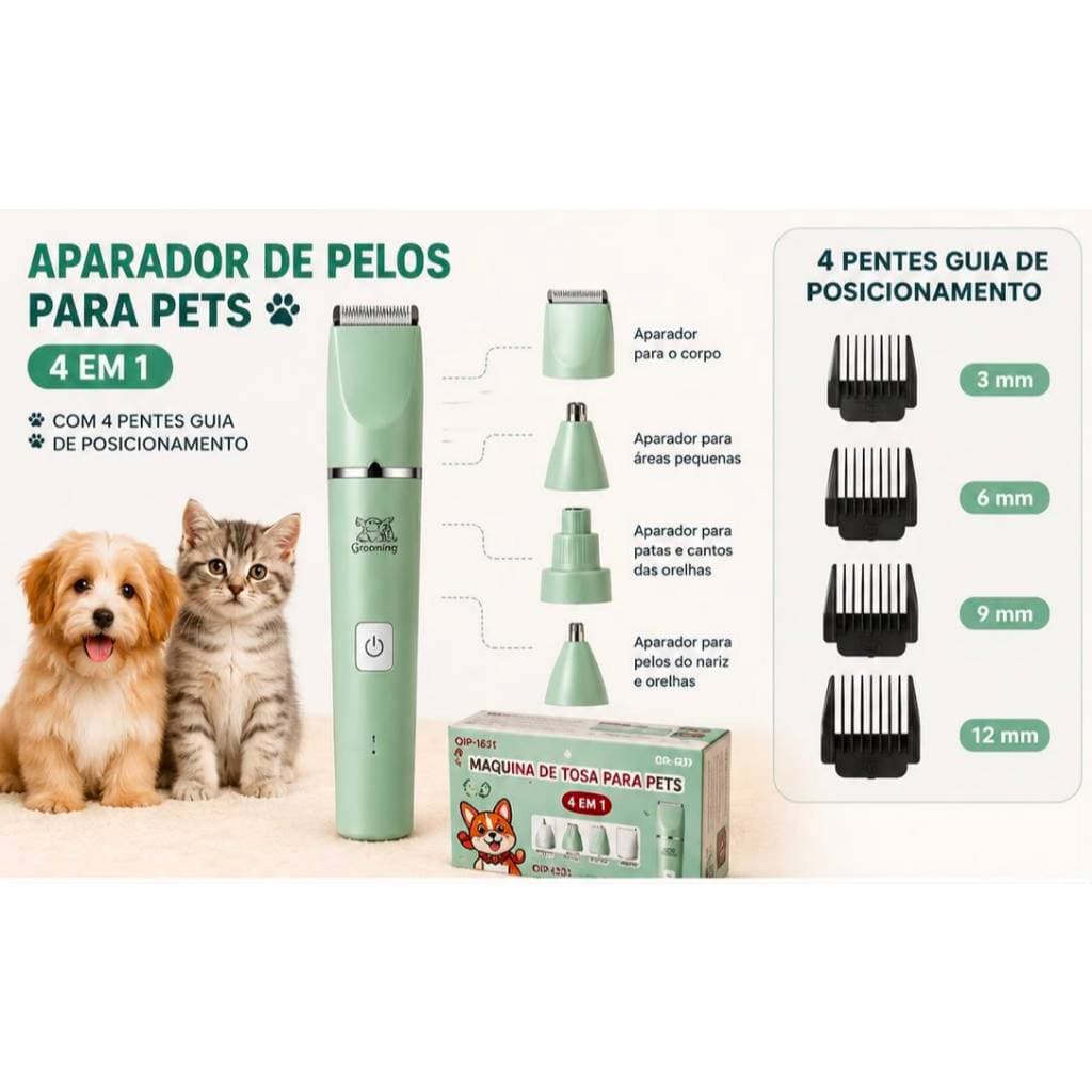 Máquina de Tosa Pet 4 em 1 Recarregável USB para Cães e Gatos + 4 Pentes Guia 3/6/9/12mm....