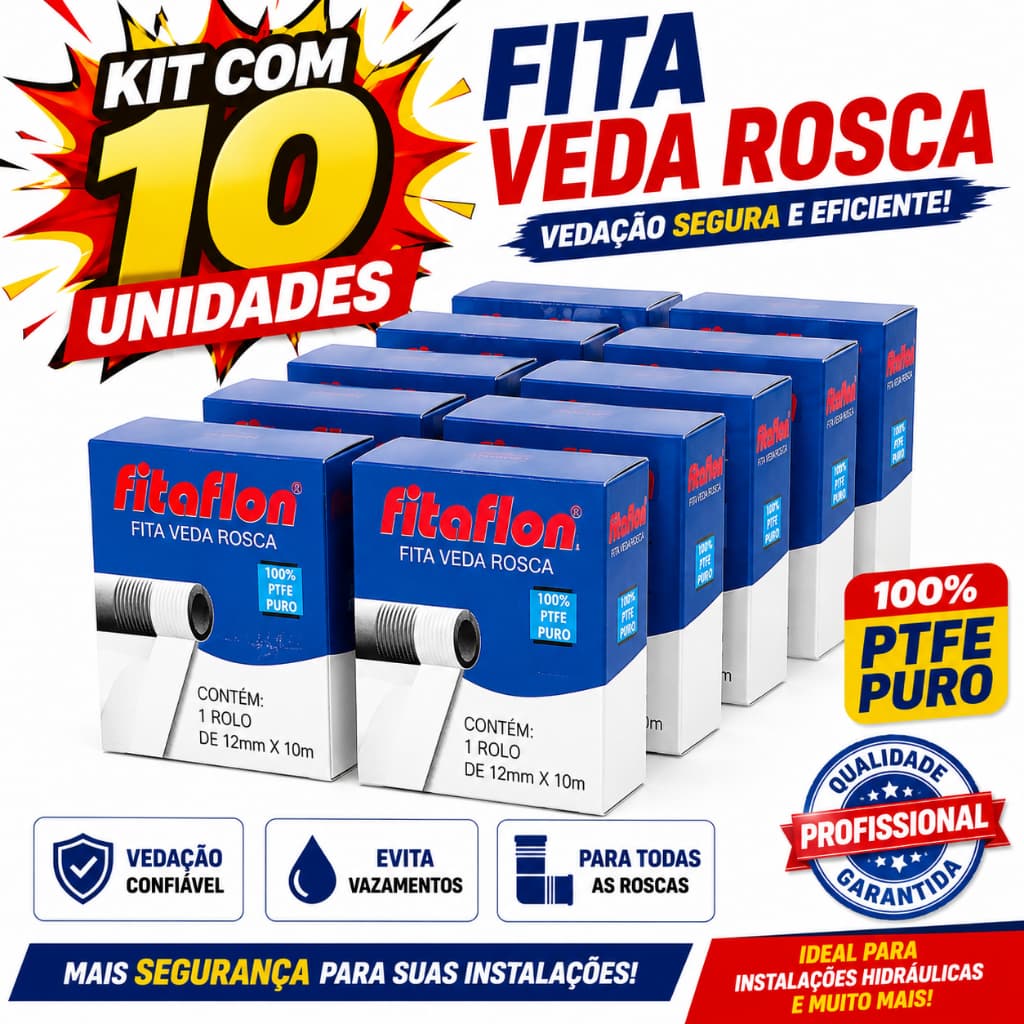 Kit 10 Fitas Veda Rosca Fitaflon 12mm x 10m 100% PTFE Puro para Conexões Hidráulicas