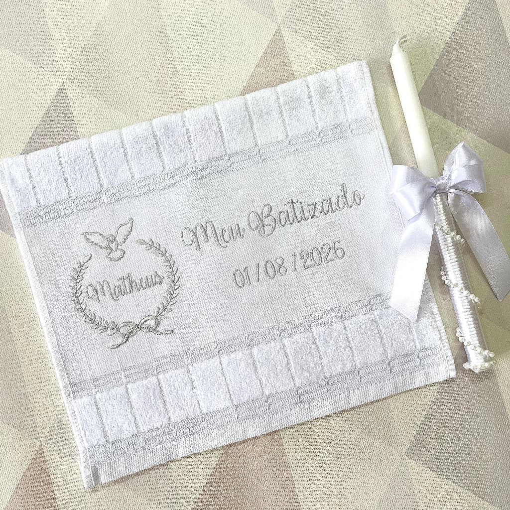 Kit Toalha de Batizado Personalizada com Vela Decorada Bordado Nome e Data Batismo Lindo Presente e Lembrança
