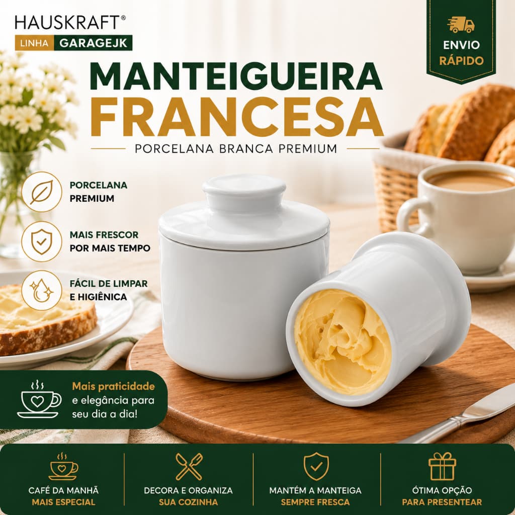 Manteigueira Francesa Hauskraft Porcelana Branca Premium 160ml Manteiga Sempre Fresca e Macia